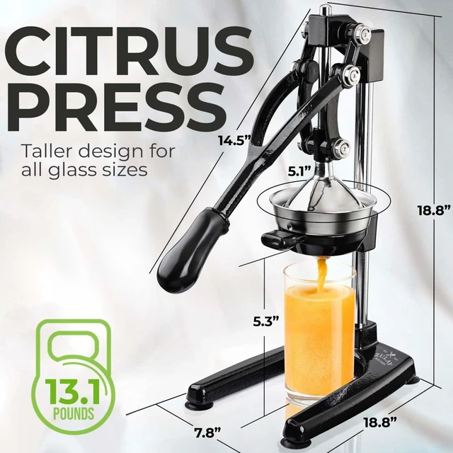 Alt view image 5 of 7 - Pulperizer 9 in 1 Cast Iron Juicer - Easy-to-Clean Heavy-Duty Manual Juicer with Presser Attachment to Juice All Types of Fruits! Extra Tall with Stainless Steel Bowl - Black