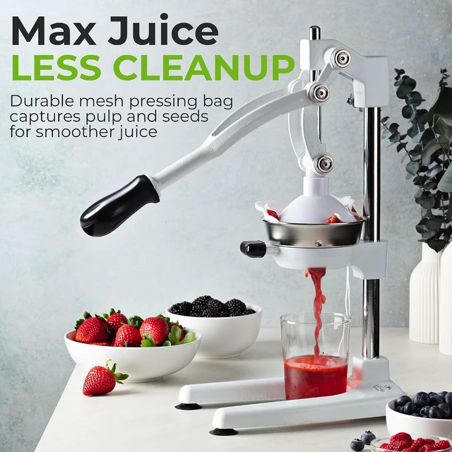 Alt view image 2 of 7 - Pulperizer 9 in 1 Cast Iron Juicer - Easy-to-Clean Heavy-Duty Manual Juicer with Presser Attachment to Juice All Types of Fruits! Extra Tall with Stainless Steel Bowl - White