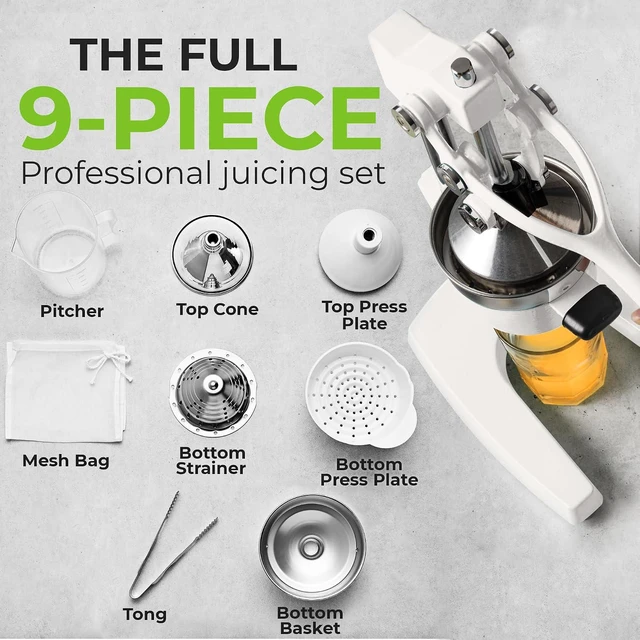 Alt view image 3 of 7 - Pulperizer 9 in 1 Cast Iron Juicer - Easy-to-Clean Heavy-Duty Manual Juicer with Presser Attachment to Juice All Types of Fruits! Extra Tall with Stainless Steel Bowl - White