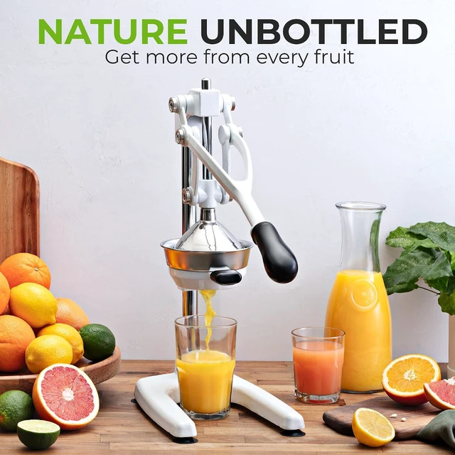 Alt view image 6 of 7 - Pulperizer 9 in 1 Cast Iron Juicer - Easy-to-Clean Heavy-Duty Manual Juicer with Presser Attachment to Juice All Types of Fruits! Extra Tall with Stainless Steel Bowl - White