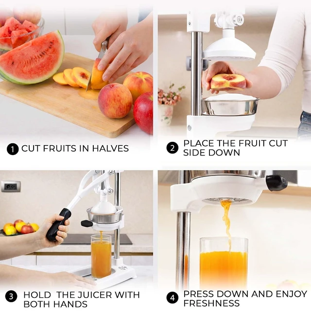 Alt view image 7 of 7 - Pulperizer 9 in 1 Cast Iron Juicer - Easy-to-Clean Heavy-Duty Manual Juicer with Presser Attachment to Juice All Types of Fruits! Extra Tall with Stainless Steel Bowl - White