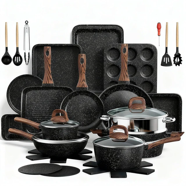 Main image of Pots and Pans Set Non Stick, 31 Piece Kitchen Induction Cookware & Bakeware Set, Nonstick Kitchen Cooking Pans Set with Frying Pans Set Grill Pan Saucepan Baking Sheet & Utensils, PFOA Free