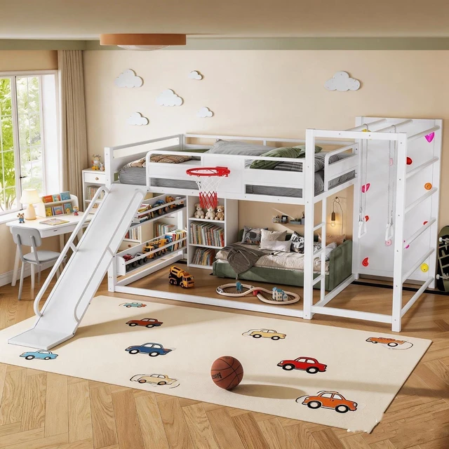 Main image of Twin Over Twin Kids Bunk Bed Frame with Slide&Basketball Hoop, White
