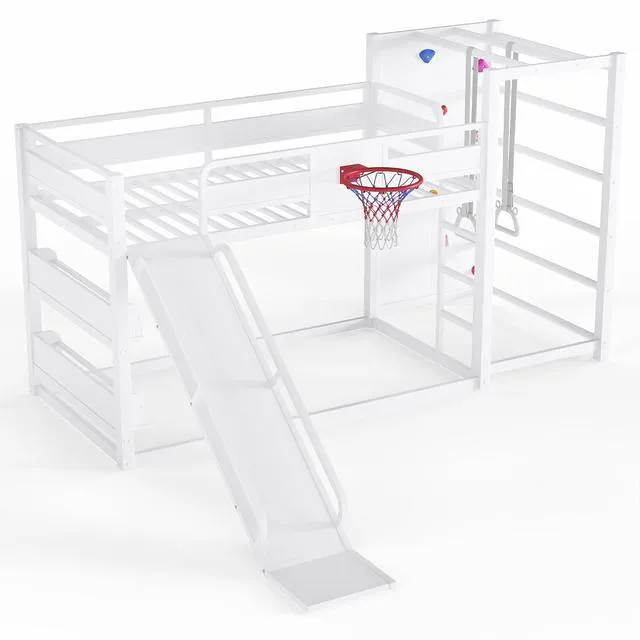 Alt view image 4 of 7 - Twin Over Twin Kids Bunk Bed Frame with Slide&Basketball Hoop, White