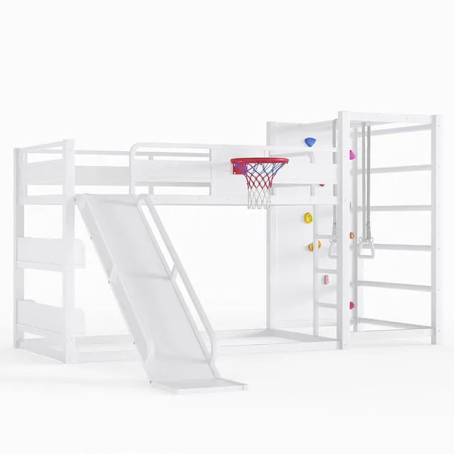 Alt view image 5 of 7 - Twin Over Twin Kids Bunk Bed Frame with Slide&Basketball Hoop, White