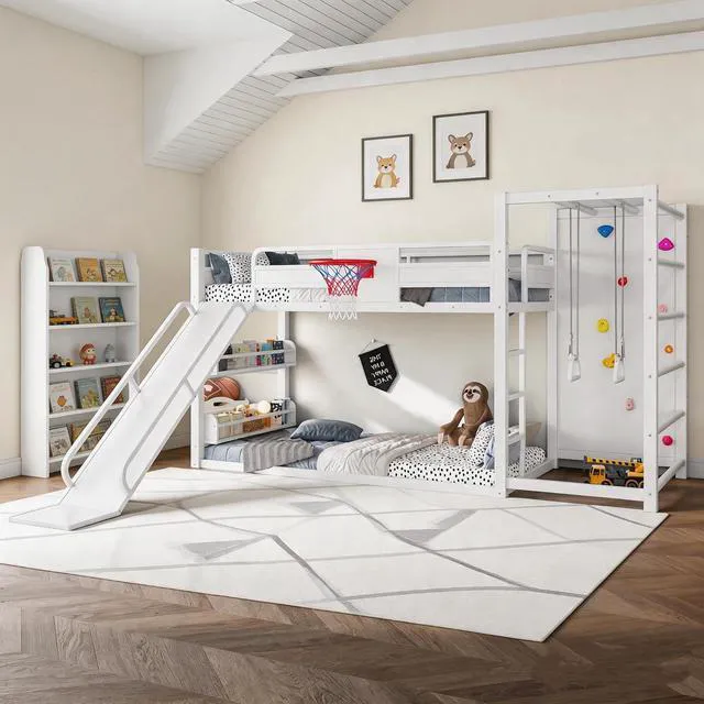 Alt view image 3 of 7 - Twin Over Twin Kids Bunk Bed Frame with Slide&Basketball Hoop, White