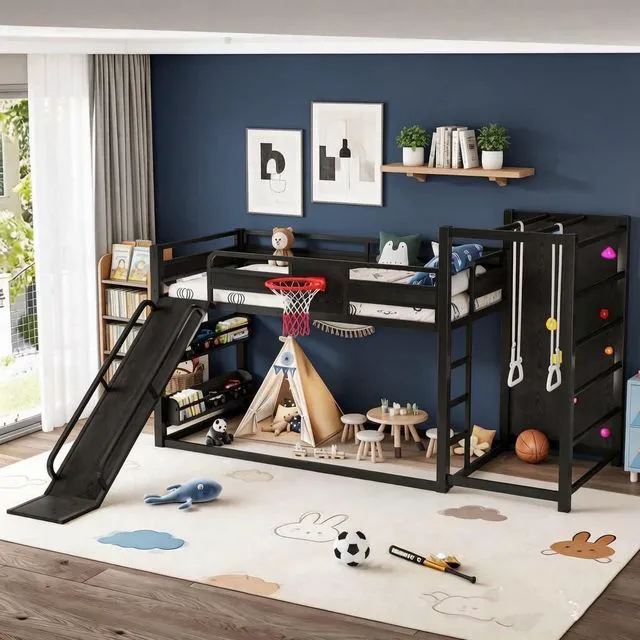 Main image of Kids Play Loft Bed Twin with Slide & Basketball Hoop, Black