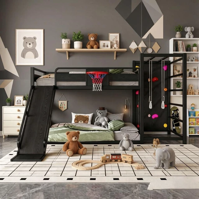 Alt view image 3 of 7 - Kids Play Loft Bed Twin with Slide & Basketball Hoop, Black