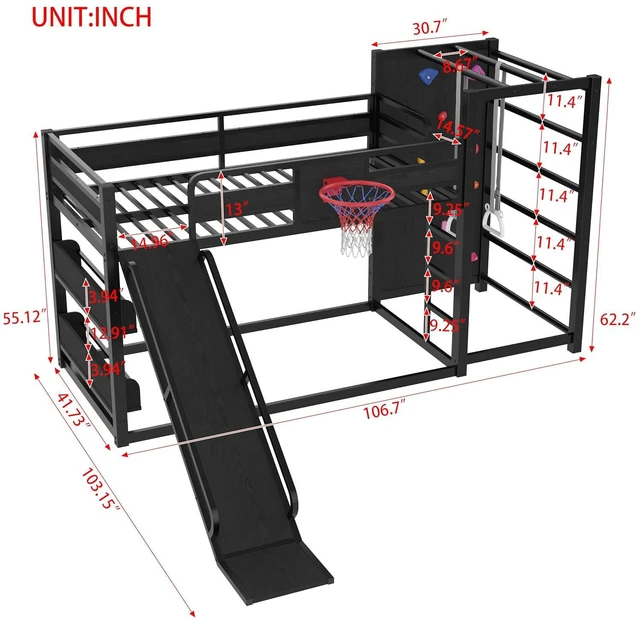 Alt view image 2 of 7 - Kids Play Loft Bed Twin with Slide & Basketball Hoop, Black