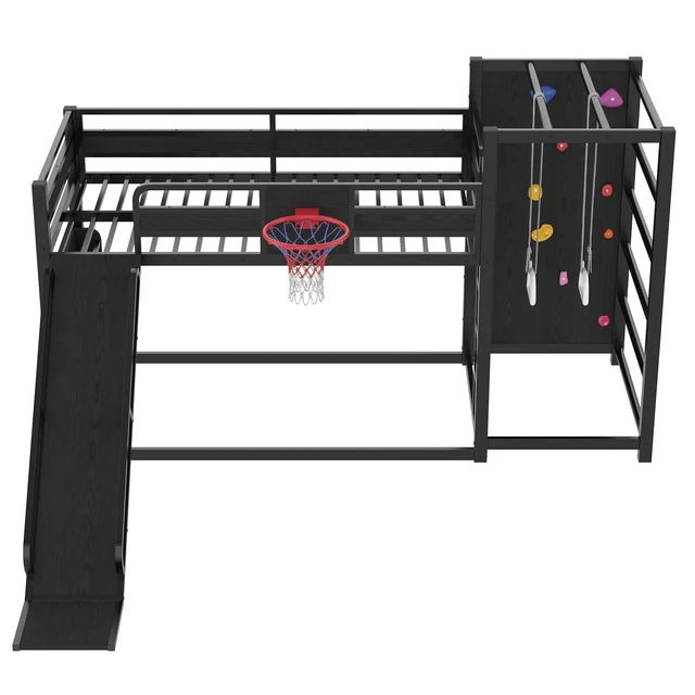 Alt view image 5 of 7 - Kids Play Loft Bed Twin with Slide & Basketball Hoop, Black