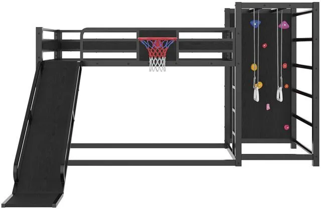 Alt view image 6 of 7 - Kids Play Loft Bed Twin with Slide & Basketball Hoop, Black