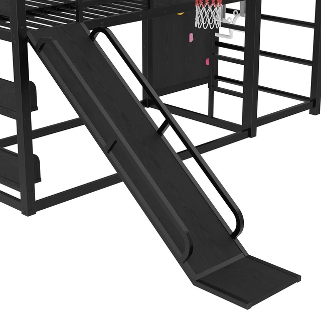 Alt view image 7 of 7 - Kids Play Loft Bed Twin with Slide & Basketball Hoop, Black
