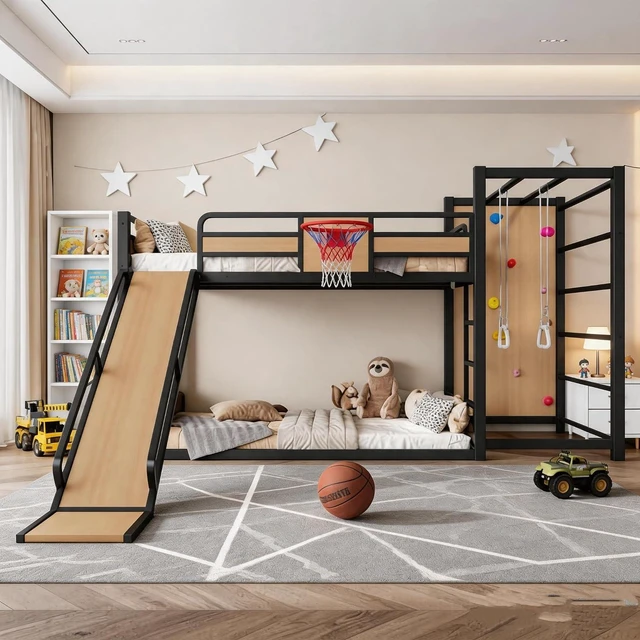 Main image of Twin XL Bunk Bed with Slide, Climbing Wall & Bookshelves, Yellow
