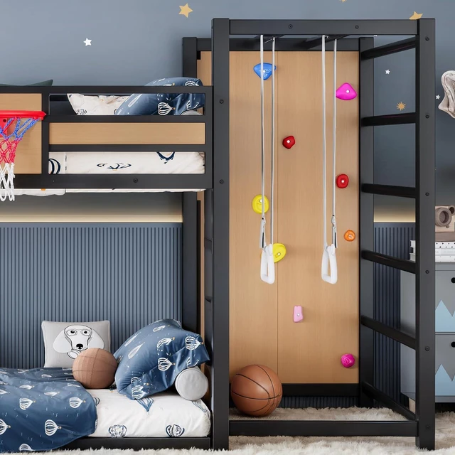 Alt view image 4 of 7 - Twin XL Bunk Bed with Slide, Climbing Wall & Bookshelves, Yellow