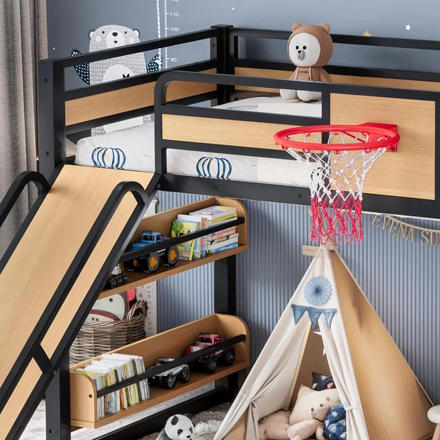 Alt view image 3 of 7 - Twin XL Bunk Bed with Slide, Climbing Wall & Bookshelves, Yellow