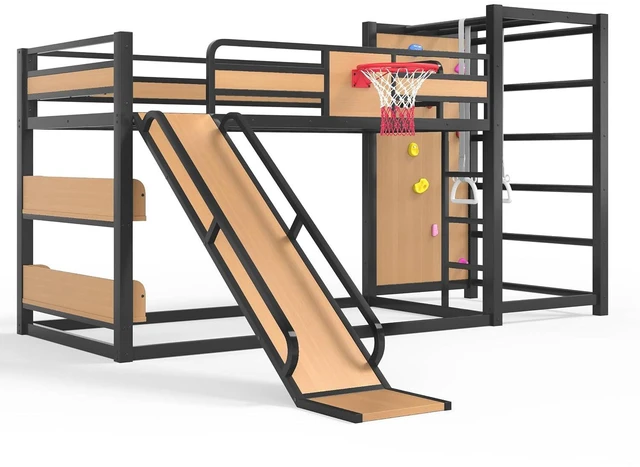 Alt view image 5 of 7 - Twin XL Bunk Bed with Slide, Climbing Wall & Bookshelves, Yellow