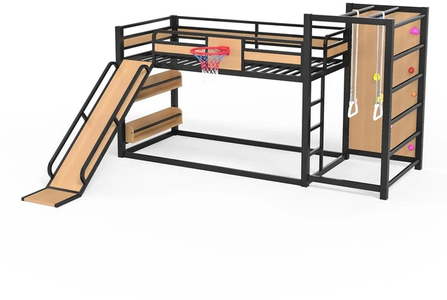 Alt view image 6 of 7 - Twin XL Bunk Bed with Slide, Climbing Wall & Bookshelves, Yellow