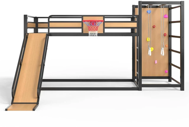 Alt view image 7 of 7 - Twin XL Bunk Bed with Slide, Climbing Wall & Bookshelves, Yellow