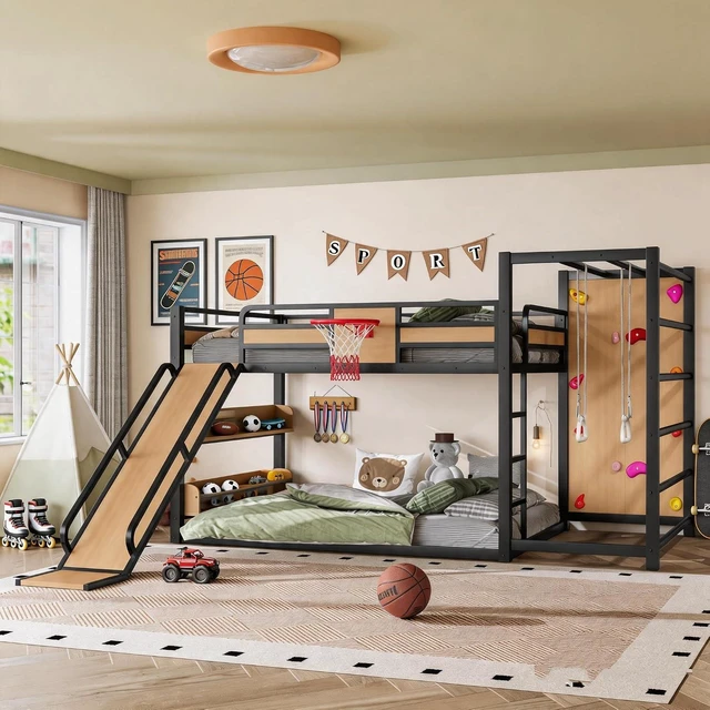 Alt view image 3 of 7 - Twin Metal Floor Bunk Bed with Slide & Bookshelves, Yellow