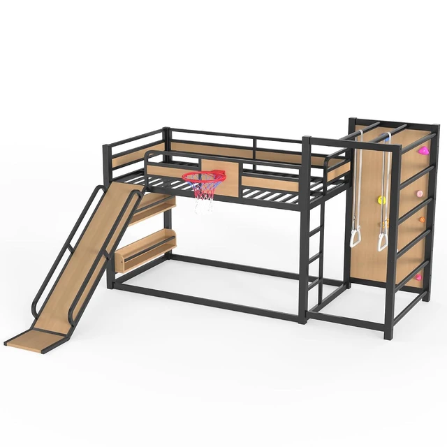 Alt view image 4 of 7 - Twin Metal Floor Bunk Bed with Slide & Bookshelves, Yellow