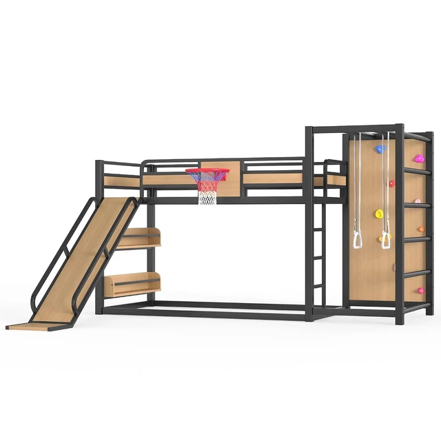 Alt view image 6 of 7 - Twin Metal Floor Bunk Bed with Slide & Bookshelves, Yellow