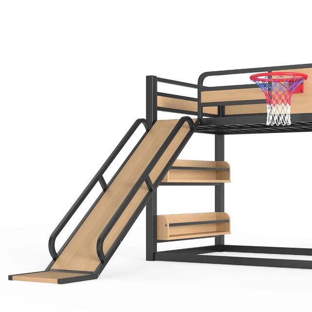Alt view image 7 of 7 - Twin Metal Floor Bunk Bed with Slide & Bookshelves, Yellow