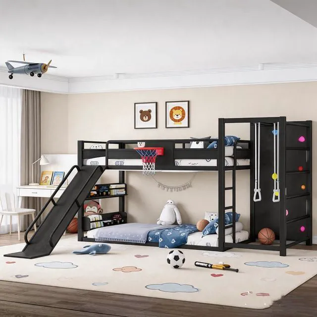 Main image of Full Size Metal Bunk Bed with Slide, Basketball Hoop & Pull-Up Rings, Heavy Duty Multi-Functional Sports Bed Frame with Climbing Wall & Bookshelves, Black