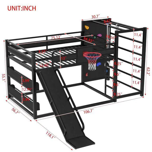Alt view image 2 of 7 - Full Size Metal Bunk Bed with Slide, Basketball Hoop & Pull-Up Rings, Heavy Duty Multi-Functional Sports Bed Frame with Climbing Wall & Bookshelves, Black