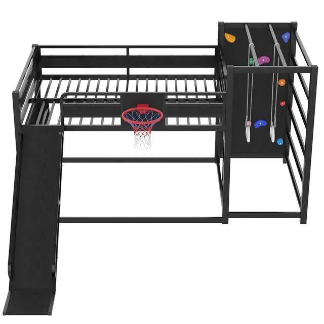 Alt view image 3 of 7 - Full Size Metal Bunk Bed with Slide, Basketball Hoop & Pull-Up Rings, Heavy Duty Multi-Functional Sports Bed Frame with Climbing Wall & Bookshelves, Black