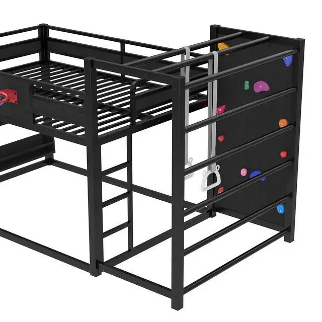 Alt view image 5 of 7 - Full Size Metal Bunk Bed with Slide, Basketball Hoop & Pull-Up Rings, Heavy Duty Multi-Functional Sports Bed Frame with Climbing Wall & Bookshelves, Black