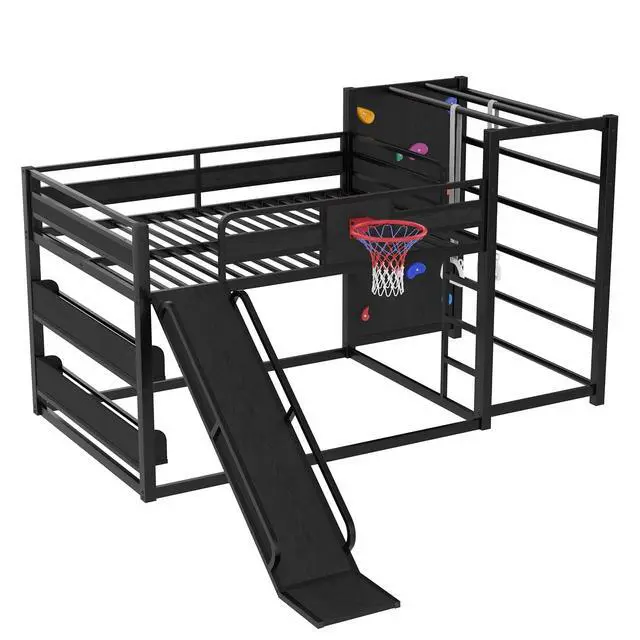 Alt view image 4 of 7 - Full Size Metal Bunk Bed with Slide, Basketball Hoop & Pull-Up Rings, Heavy Duty Multi-Functional Sports Bed Frame with Climbing Wall & Bookshelves, Black