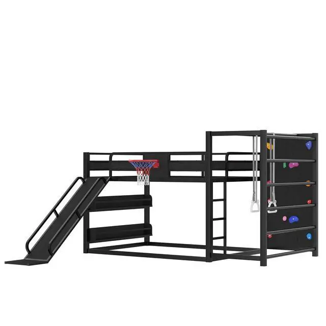 Alt view image 6 of 7 - Full Size Metal Bunk Bed with Slide, Basketball Hoop & Pull-Up Rings, Heavy Duty Multi-Functional Sports Bed Frame with Climbing Wall & Bookshelves, Black