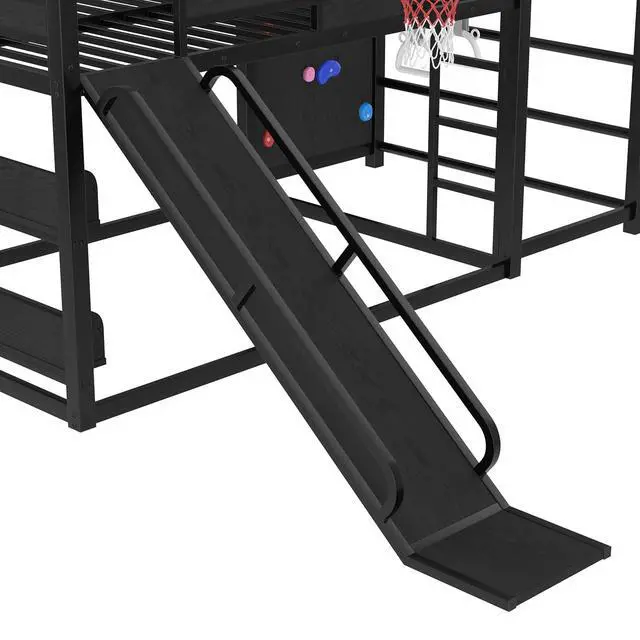 Alt view image 7 of 7 - Full Size Metal Bunk Bed with Slide, Basketball Hoop & Pull-Up Rings, Heavy Duty Multi-Functional Sports Bed Frame with Climbing Wall & Bookshelves, Black