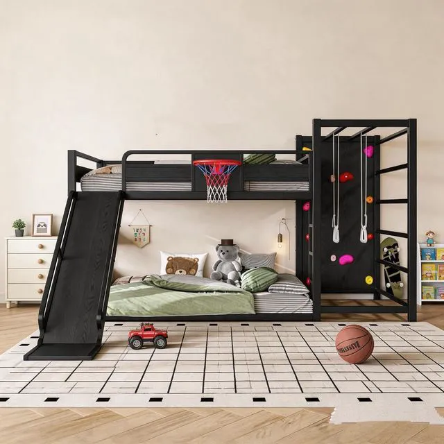 Main image of Twin XL Metal Bunk Bed with Slide, Basketball Hoop & Pull-Up Rings, Heavy Duty Multi-Functional Sports Bed Frame with Climbing Wall & Bookshelves, Black