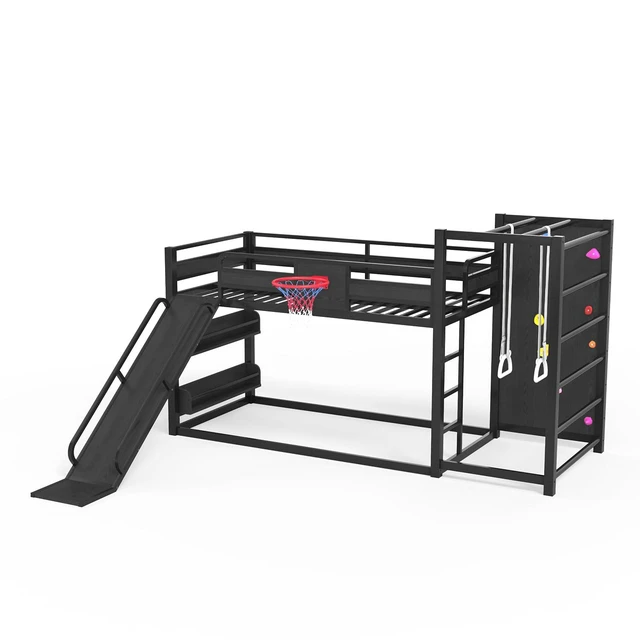 Alt view image 3 of 7 - Twin XL Metal Bunk Bed with Slide, Basketball Hoop & Pull-Up Rings, Heavy Duty Multi-Functional Sports Bed Frame with Climbing Wall & Bookshelves, Black