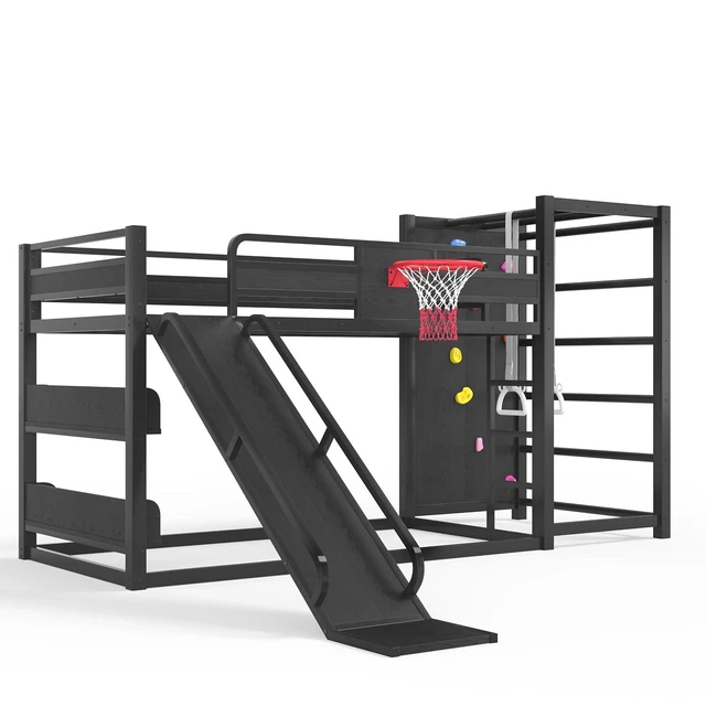 Alt view image 4 of 7 - Twin XL Metal Bunk Bed with Slide, Basketball Hoop & Pull-Up Rings, Heavy Duty Multi-Functional Sports Bed Frame with Climbing Wall & Bookshelves, Black