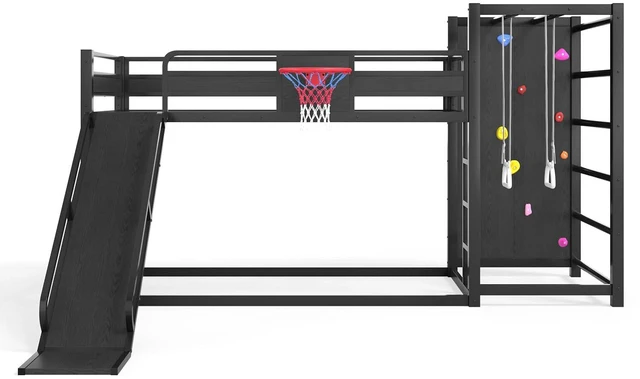 Alt view image 5 of 7 - Twin XL Metal Bunk Bed with Slide, Basketball Hoop & Pull-Up Rings, Heavy Duty Multi-Functional Sports Bed Frame with Climbing Wall & Bookshelves, Black