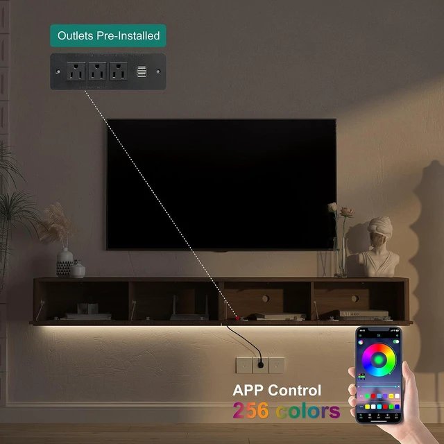 Alt view image 2 of 7 - 78.7 Wall Mounted TV Stand with Outlets and 16 Color Led Light, Walnut