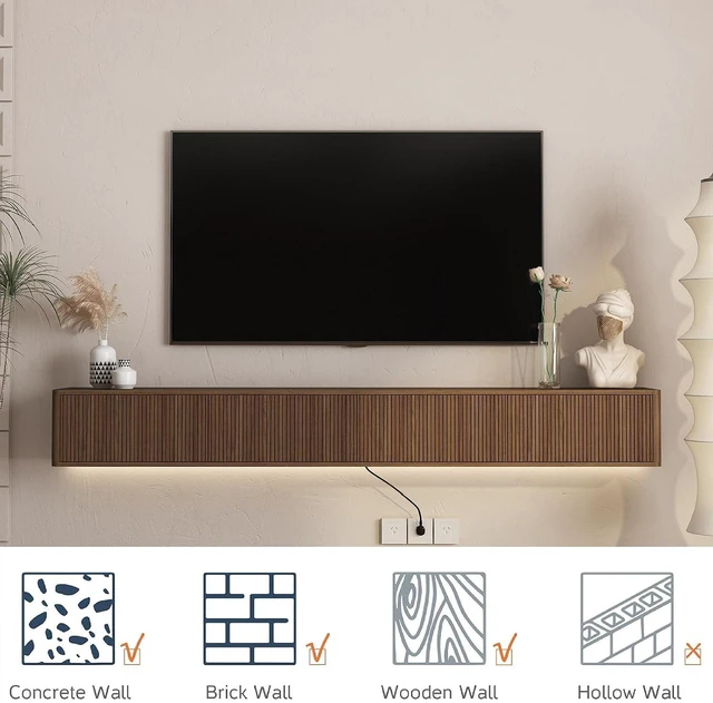 Alt view image 3 of 7 - 78.7 Wall Mounted TV Stand with Outlets and 16 Color Led Light, Walnut
