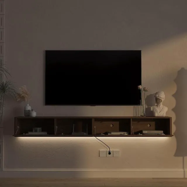 Alt view image 5 of 7 - 78.7 Wall Mounted TV Stand with Outlets and 16 Color Led Light, Walnut