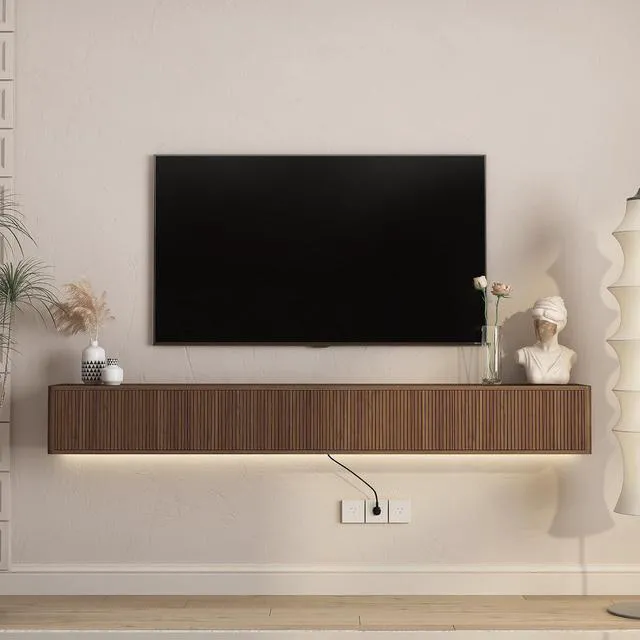 Alt view image 6 of 7 - 78.7 Wall Mounted TV Stand with Outlets and 16 Color Led Light, Walnut