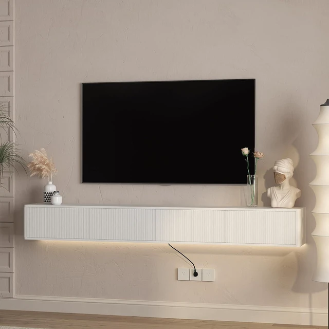 Alt view image 2 of 7 - 78.7 Floating Long Media TV Console with Outlets and Led Light, White
