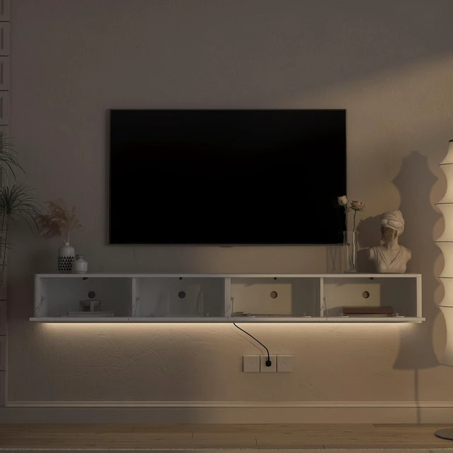 Alt view image 3 of 7 - 78.7 Floating Long Media TV Console with Outlets and Led Light, White