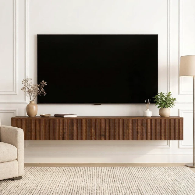 Main image of 68 Wall Mounted Fluted TV Stand with 16 Color Led Light and Outlets, Brown