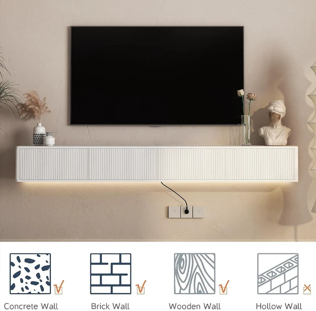 Alt view image 5 of 7 - 78.7 Floating Long Media TV Console with Outlets and Led Light, White