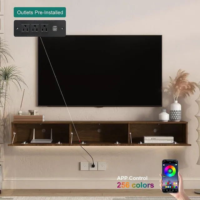 Alt view image 2 of 7 - 68 Wall Mounted Fluted TV Stand with 16 Color Led Light and Outlets, Brown