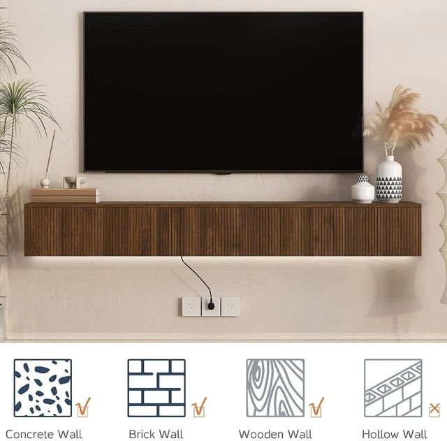 Alt view image 4 of 7 - 68 Wall Mounted Fluted TV Stand with 16 Color Led Light and Outlets, Brown