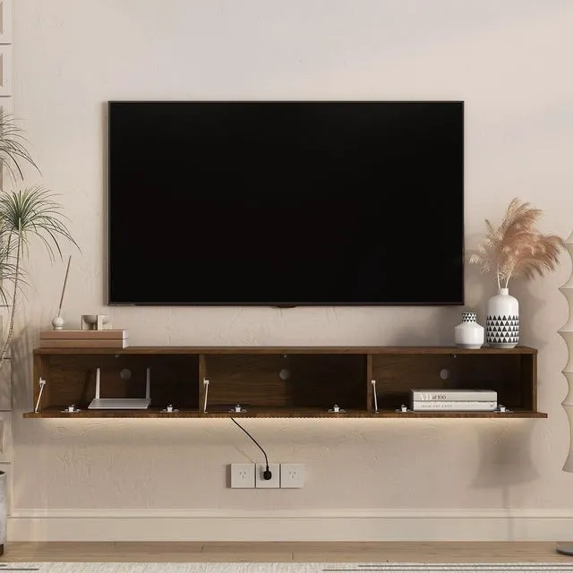 Alt view image 5 of 7 - 68 Wall Mounted Fluted TV Stand with 16 Color Led Light and Outlets, Brown