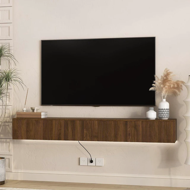 Alt view image 6 of 7 - 68 Wall Mounted Fluted TV Stand with 16 Color Led Light and Outlets, Brown