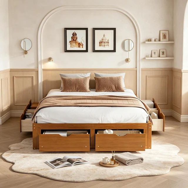 Main image of Solid Wood Platform Bed with Storage Drawers, No Headboard Bed & Low Pine Captain Bed No Box Spring Needed, Queen Size, Walnut